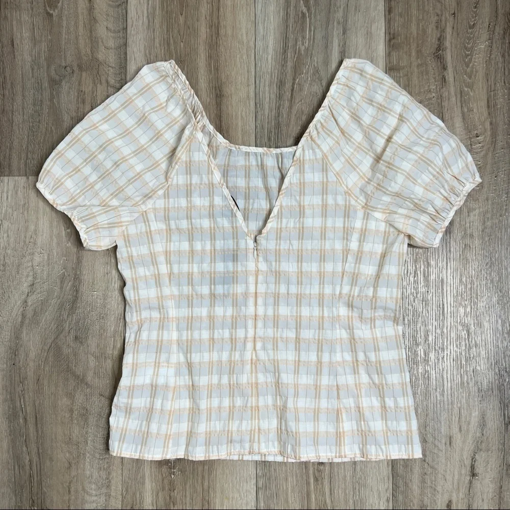 J. Crew V-back Puff-sleeve Top in Textured Plaid Size 2 NWT